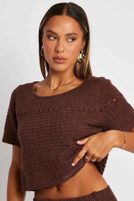 Brown Knit Top Short Sleeve Crochet