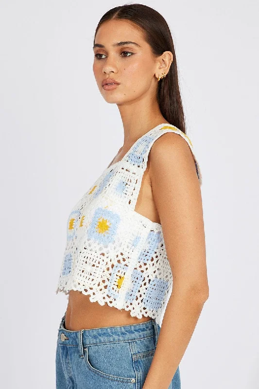 Multi Crochet Top Crop Square Neck