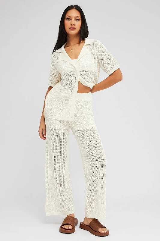 White Knit Pants Wide Leg Crochet