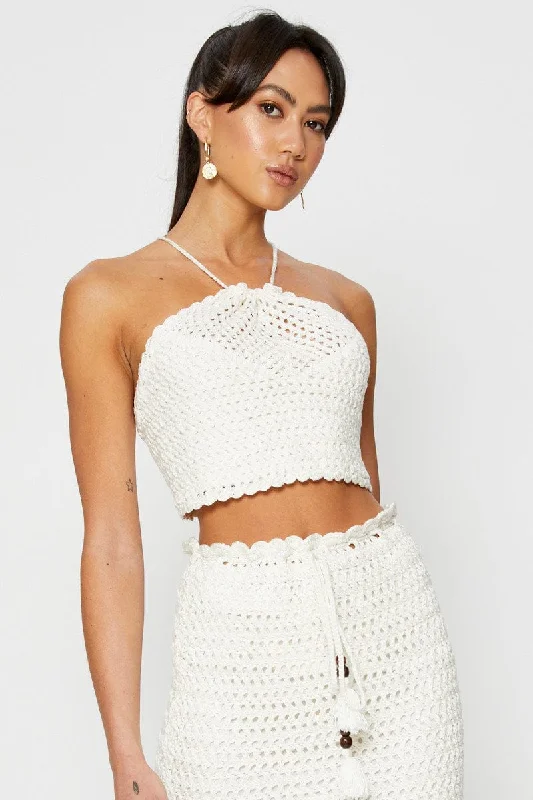 White Knit Top Crop Crochet