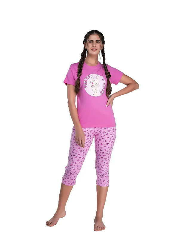 Evolove Women's Pants and Tops or Tshirt Pyjama Set 100% Cotton Love Printed Capris Leggings for Dailywear with Stylish Side Pockets Regular Fit (Small Size)