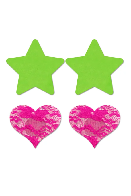 Fashion Pasties Set: Neon Green Solid Star, Neon Pink Lace Heart