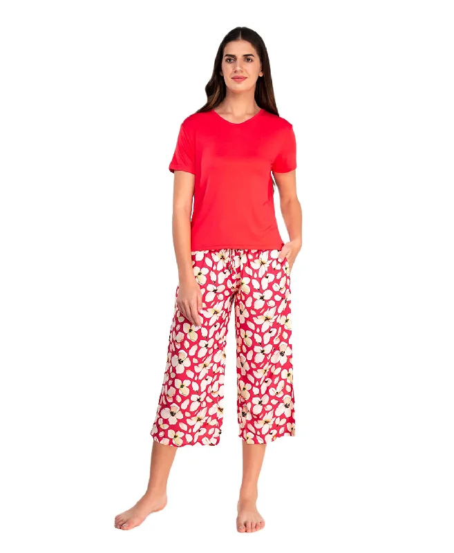 Evolove Women Loose Fit Pyjama Set with Stylish 2 Side Pockets Pants and Tops or Tshirt Viscose Liva Lycra Capris Leggings (S-XXL)