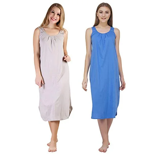 BLAZON Women's Cotton Hosiery Solid Maxi Nighty Slip (Pack of 2) Available Sizes: S, M, L, XL, 2XL, 3XL, 4XL, 5XL - Almond Frost, Azure Blue