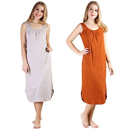 BLAZON Women's Cotton Hosiery Solid Maxi Nighty Slip (Pack of 2) Available Sizes: S, M, L, XL, 2XL, 3XL, 4XL, 5XL - Almond Frost, Brandy