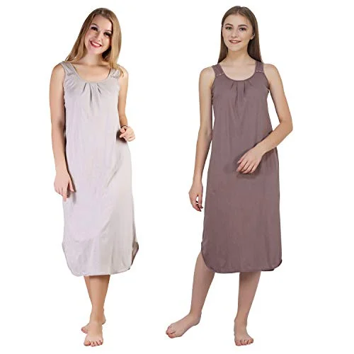 BLAZON Women's Cotton Hosiery Solid Maxi Nighty Slip (Pack of 2) Available Sizes: S, M, L, XL, 2XL, 3XL, 4XL, 5XL - Almond Frost, Brownish Grey