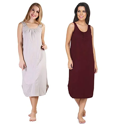 BLAZON Women's Cotton Hosiery Solid Maxi Nighty Slip (Pack of 2) Available Sizes: S, M, L, XL, 2XL, 3XL, 4XL, 5XL - Almond Frost, Tamarind