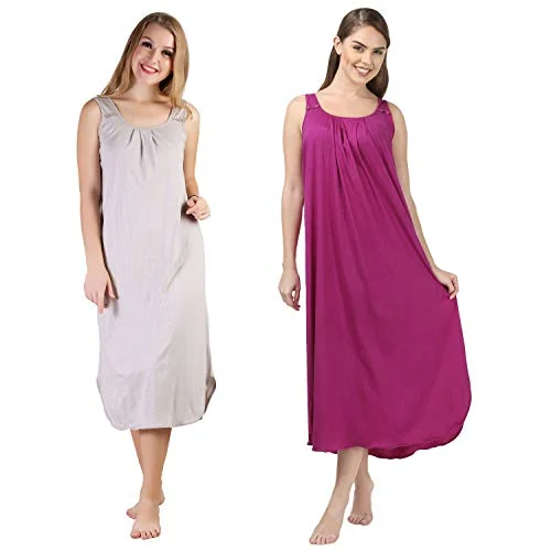 BLAZON Women's Cotton Hosiery Solid Maxi Nighty Slip (Pack of 2) Available Sizes: S, M, L, XL, 2XL, 3XL, 4XL, 5XL - Almond Frost, Vivid Violet