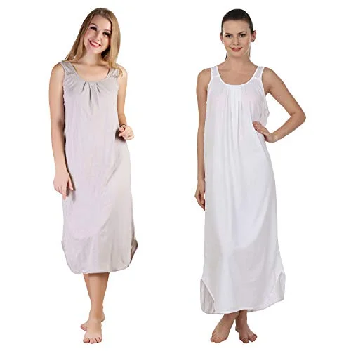 BLAZON Women's Cotton Hosiery Solid Maxi Nighty Slip (Pack of 2) Available Sizes: S, M, L, XL, 2XL, 3XL, 4XL, 5XL - Almond Frost, White