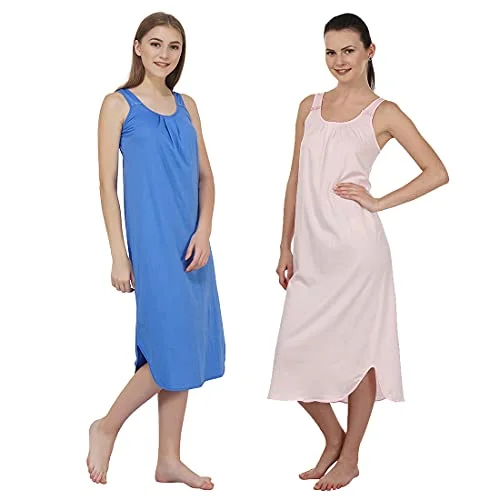 BLAZON Women's Cotton Hosiery Solid Maxi Nighty Slip (Pack of 2) Available Sizes: S, M, L, XL, 2XL, 3XL, 4XL, 5XL - Azure Blue, Baby Pink