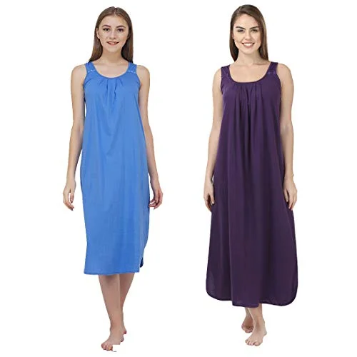 BLAZON Women's Cotton Hosiery Solid Maxi Nighty Slip (Pack of 2) Available Sizes: S, M, L, XL, 2XL, 3XL, 4XL, 5XL - Azure Blue, Blueviolet