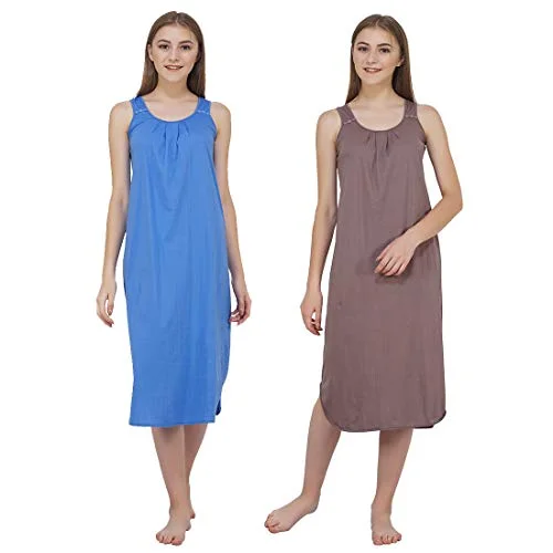 BLAZON Women's Cotton Hosiery Solid Maxi Nighty Slip (Pack of 2) Available Sizes: S, M, L, XL, 2XL, 3XL, 4XL, 5XL - Azure Blue, Brownish Grey