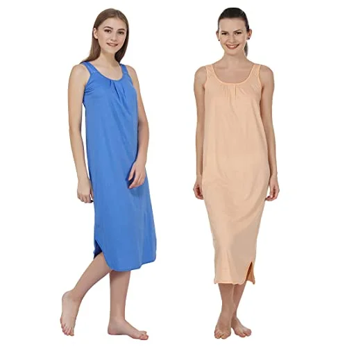 BLAZON Women's Cotton Hosiery Solid Maxi Nighty Slip (Pack of 2) Available Sizes: S, M, L, XL, 2XL, 3XL, 4XL, 5XL - Azure Blue, Peach