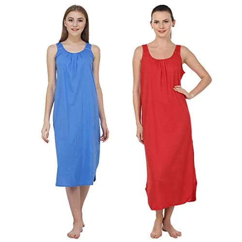 BLAZON Women's Cotton Hosiery Solid Maxi Nighty Slip (Pack of 2) Available Sizes: S, M, L, XL, 2XL, 3XL, 4XL, 5XL - Azure Blue, Red