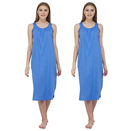 BLAZON Women's Cotton Hosiery Solid Maxi Nighty Slip (Pack of 2) Available Sizes: S, M, L, XL, 2XL, 3XL, 4XL, 5XL - Azure Blue