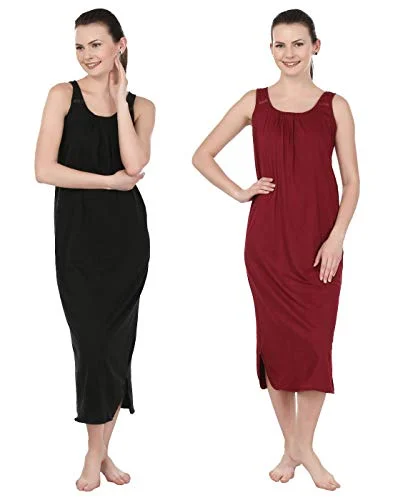 BLAZON Women's Cotton Hosiery Solid Maxi Nighty Slip (Pack of 2) Available Sizes: S, M, L, XL, 2XL, 3XL, 4XL, 5XL - Black, Maroon