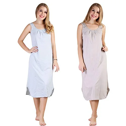 BLAZON Women's Cotton Hosiery Solid Maxi Nighty Slip (Pack of 2) Available Sizes: S, M, L, XL, 2XL, 3XL, 4XL, 5XL - Blueberry Frost, Almond Frost