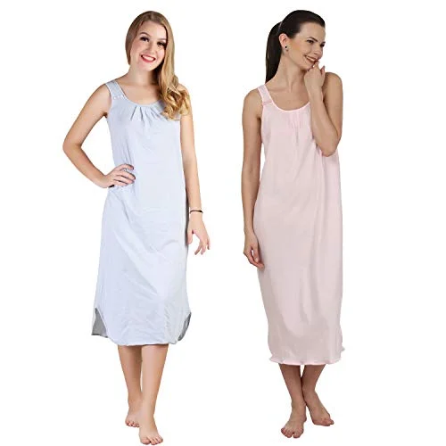 BLAZON Women's Cotton Hosiery Solid Maxi Nighty Slip (Pack of 2) Available Sizes: S, M, L, XL, 2XL, 3XL, 4XL, 5XL - Blueberry Frost, Baby Pink