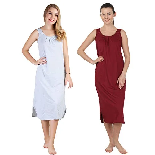 BLAZON Women's Cotton Hosiery Solid Maxi Nighty Slip (Pack of 2) Available Sizes: S, M, L, XL, 2XL, 3XL, 4XL, 5XL - Blueberry Frost, Maroon