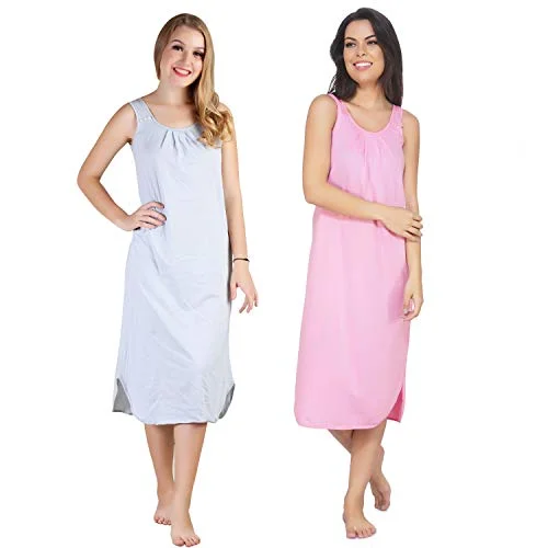 BLAZON Women's Cotton Hosiery Solid Maxi Nighty Slip (Pack of 2) Available Sizes: S, M, L, XL, 2XL, 3XL, 4XL, 5XL - Blueberry Frost, Pink