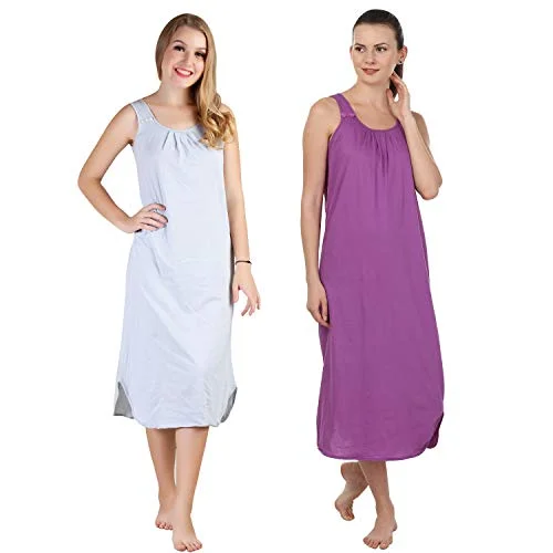 BLAZON Women's Cotton Hosiery Solid Maxi Nighty Slip (Pack of 2) Available Sizes: S, M, L, XL, 2XL, 3XL, 4XL, 5XL - Blueberry Frost, Purple