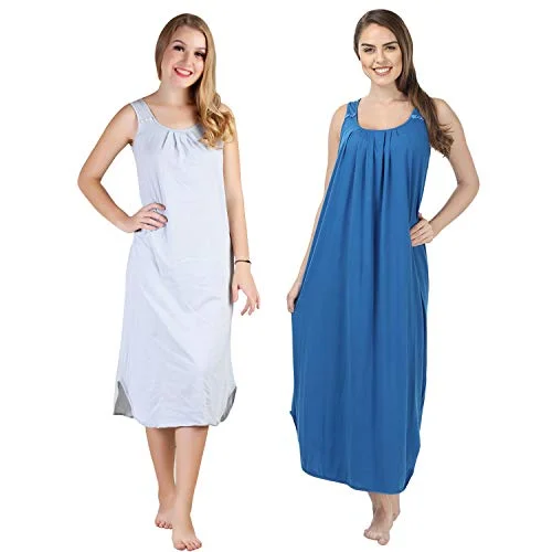 BLAZON Women's Cotton Hosiery Solid Maxi Nighty Slip (Pack of 2) Available Sizes: S, M, L, XL, 2XL, 3XL, 4XL, 5XL - Blueberry Frost, Royal Blue