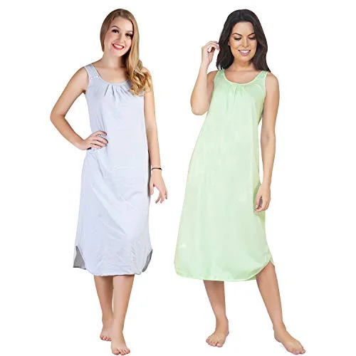 BLAZON Women's Cotton Hosiery Solid Maxi Nighty Slip (Pack of 2) Available Sizes: S, M, L, XL, 2XL, 3XL, 4XL, 5XL - Blueberry Frost, Sea Green