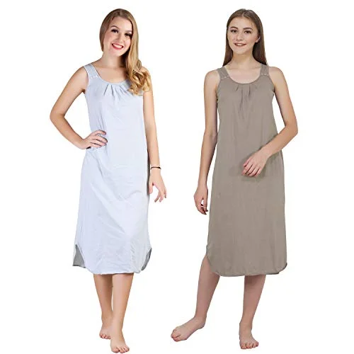 BLAZON Women's Cotton Hosiery Solid Maxi Nighty Slip (Pack of 2) Available Sizes: S, M, L, XL, 2XL, 3XL, 4XL, 5XL - Blueberry Frost, Smoky Grey