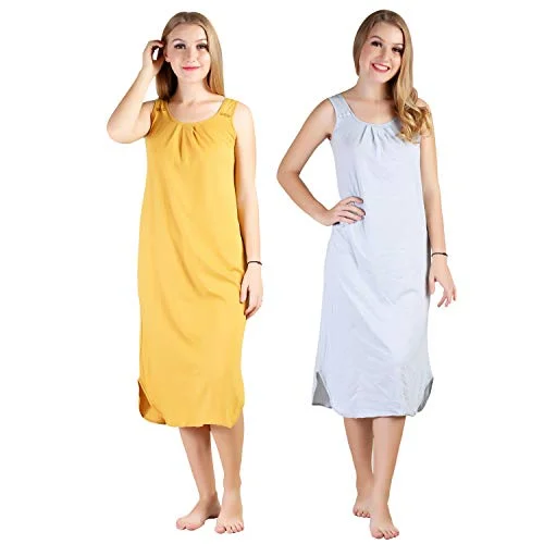 BLAZON Women's Cotton Hosiery Solid Maxi Nighty Slip (Pack of 2) Available Sizes: S, M, L, XL, 2XL, 3XL, 4XL, 5XL - Blueberry Frost, Whiskey