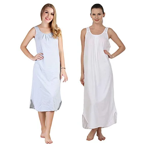 BLAZON Women's Cotton Hosiery Solid Maxi Nighty Slip (Pack of 2) Available Sizes: S, M, L, XL, 2XL, 3XL, 4XL, 5XL - Blueberry Frost, White