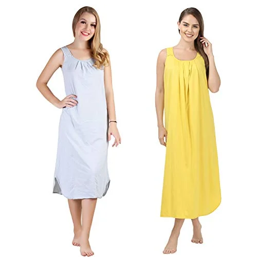 BLAZON Women's Cotton Hosiery Solid Maxi Nighty Slip (Pack of 2) Available Sizes: S, M, L, XL, 2XL, 3XL, 4XL, 5XL - Blueberry Frost, Yellow