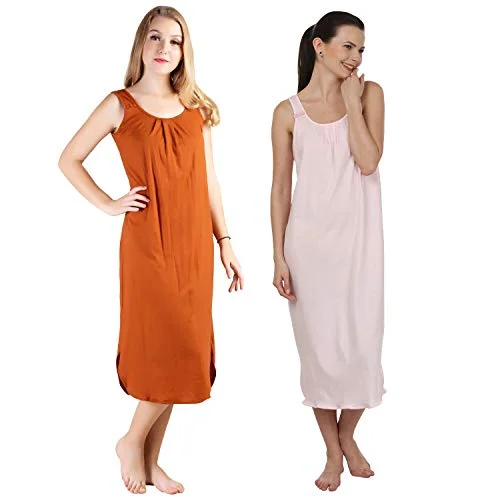 BLAZON Women's Cotton Hosiery Solid Maxi Nighty Slip (Pack of 2) Available Sizes: S, M, L, XL, 2XL, 3XL, 4XL, 5XL - Brandy, Baby Pink