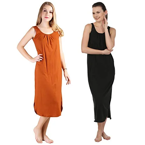 BLAZON Women's Cotton Hosiery Solid Maxi Nighty Slip (Pack of 2) Available Sizes: S, M, L, XL, 2XL, 3XL, 4XL, 5XL - Brandy, Black