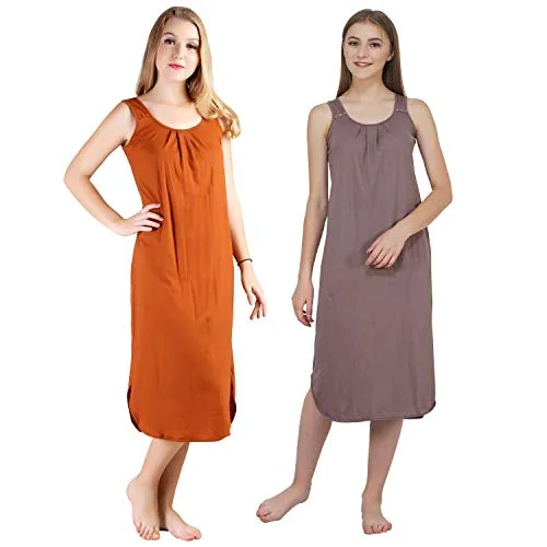 BLAZON Women's Cotton Hosiery Solid Maxi Nighty Slip (Pack of 2) Available Sizes: S, M, L, XL, 2XL, 3XL, 4XL, 5XL - Brandy, Brownish Grey