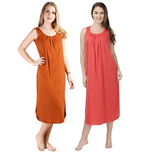 BLAZON Women's Cotton Hosiery Solid Maxi Nighty Slip (Pack of 2) Available Sizes: S, M, L, XL, 2XL, 3XL, 4XL, 5XL - Brandy, Old Rose