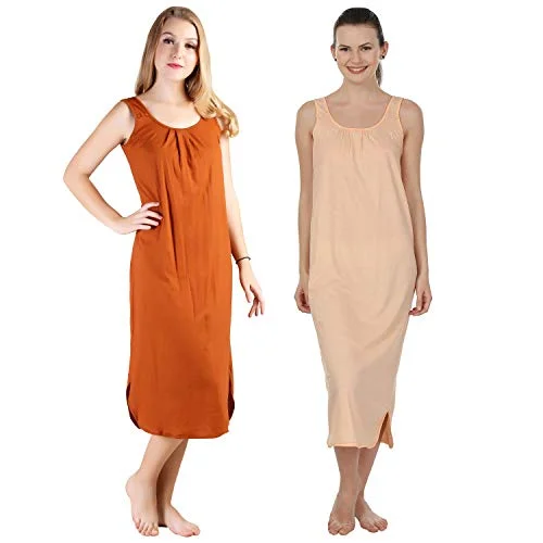 BLAZON Women's Cotton Hosiery Solid Maxi Nighty Slip (Pack of 2) Available Sizes: S, M, L, XL, 2XL, 3XL, 4XL, 5XL - Brandy, Peach