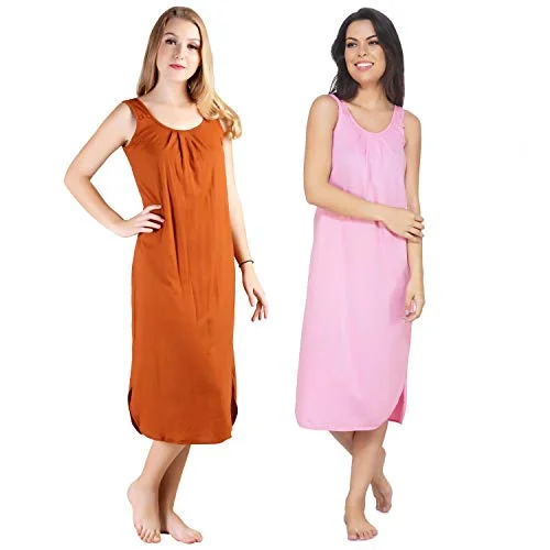 BLAZON Women's Cotton Hosiery Solid Maxi Nighty Slip (Pack of 2) Available Sizes: S, M, L, XL, 2XL, 3XL, 4XL, 5XL - Brandy, Pink