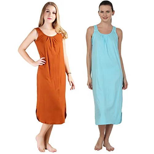 BLAZON Women's Cotton Hosiery Solid Maxi Nighty Slip (Pack of 2) Available Sizes: S, M, L, XL, 2XL, 3XL, 4XL, 5XL - Brandy, Turquoise