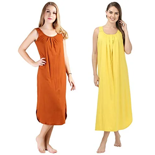 BLAZON Women's Cotton Hosiery Solid Maxi Nighty Slip (Pack of 2) Available Sizes: S, M, L, XL, 2XL, 3XL, 4XL, 5XL - Brandy, Yellow