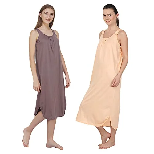 BLAZON Women's Cotton Hosiery Solid Maxi Nighty Slip (Pack of 2) Available Sizes: S, M, L, XL, 2XL, 3XL, 4XL, 5XL - Brownish Grey, Peach