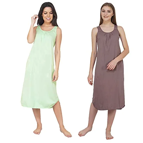 BLAZON Women's Cotton Hosiery Solid Maxi Nighty Slip (Pack of 2) Available Sizes: S, M, L, XL, 2XL, 3XL, 4XL, 5XL - Brownish Grey, Sea Green