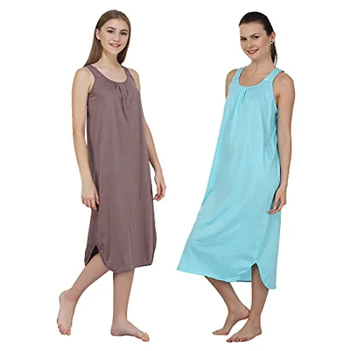 BLAZON Women's Cotton Hosiery Solid Maxi Nighty Slip (Pack of 2) Available Sizes: S, M, L, XL, 2XL, 3XL, 4XL, 5XL - Brownish Grey, Turquoise