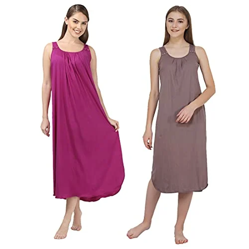 BLAZON Women's Cotton Hosiery Solid Maxi Nighty Slip (Pack of 2) Available Sizes: S, M, L, XL, 2XL, 3XL, 4XL, 5XL - Brownish Grey, Vivid Violet