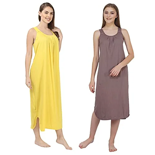 BLAZON Women's Cotton Hosiery Solid Maxi Nighty Slip (Pack of 2) Available Sizes: S, M, L, XL, 2XL, 3XL, 4XL, 5XL - Brownish Grey, Yellow