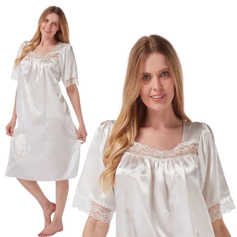 Ivory White Sexy Satin Lace Short Sleeve Nightdress Negligee Lingerie