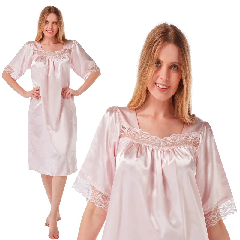 Pastel Pink Sexy Satin Lace Short Sleeve Nightdress Negligee Lingerie