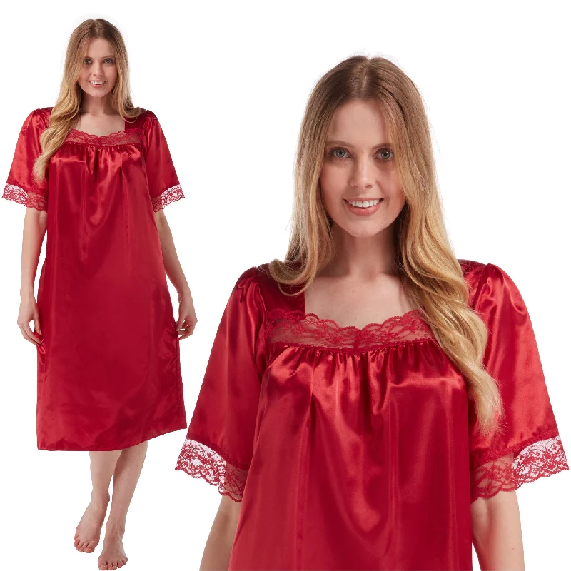 Red Sexy Satin Lace Short Sleeve Nightdress Negligee Lingerie