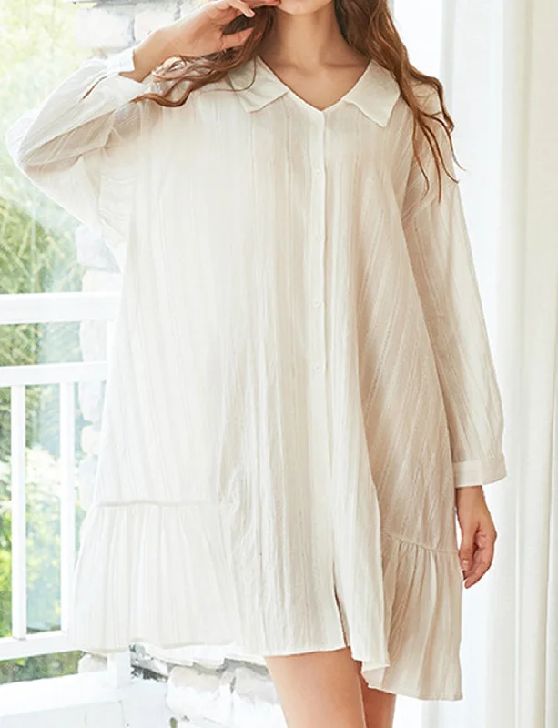 White Flip-Neck Loose  Long Nightdress