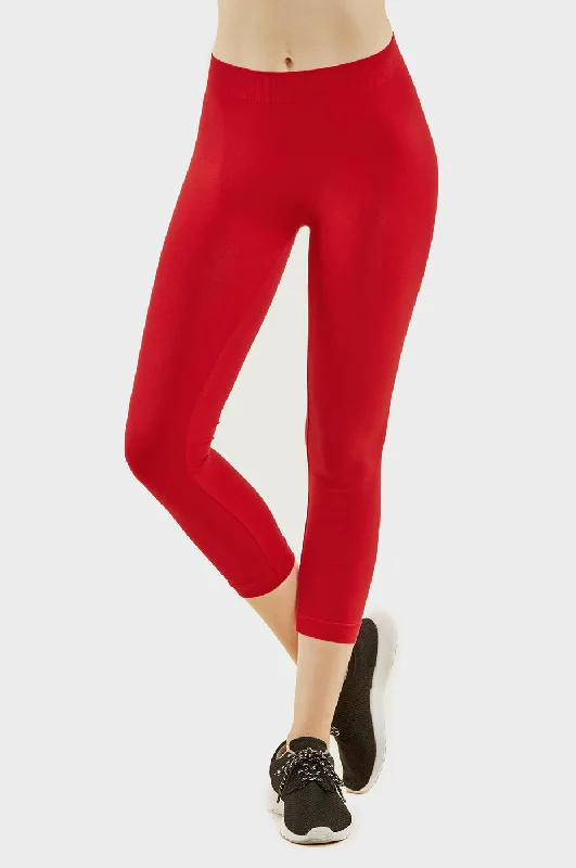 MOPAS Soft Stretch Nylon Blend Unlined Capri Length Leggings with Ribbed Elastic Waistband - Red (EX004_RED)