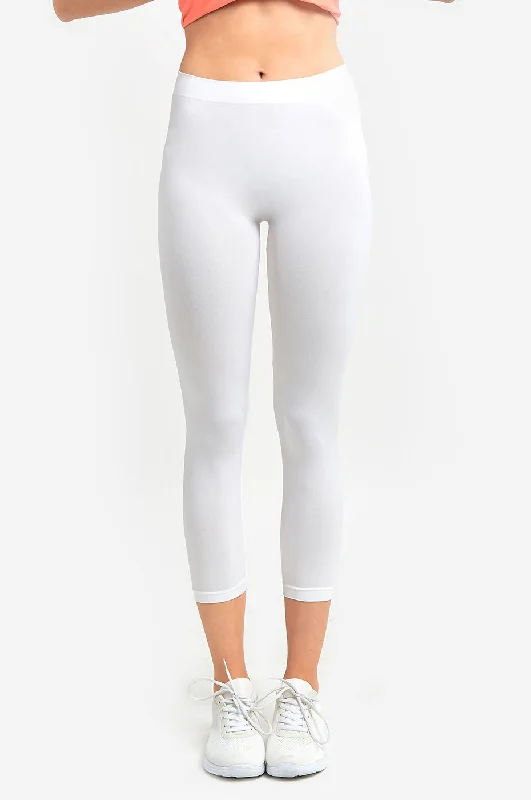 MOPAS Soft Stretch Nylon Blend Unlined Capri Length Leggings with Ribbed Elastic Waistband - White (EX004_WHT)